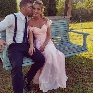 Pink wedding guest dress - off the shoulder